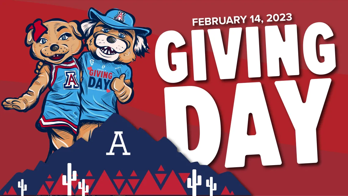 Giving Day February 14, 2023. Graphic image of Wilbur and Wilma Widlcat hugging wearing their UofA gear. The A mountain is below them.