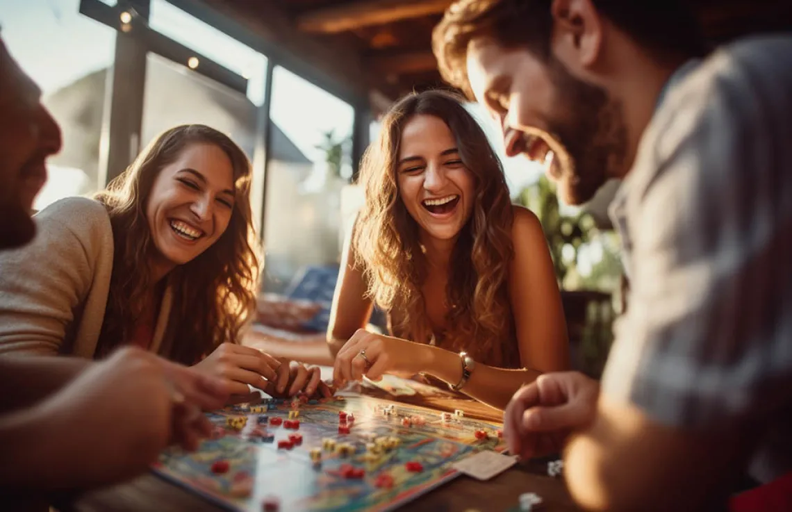 Young adults playing a board game and laughing