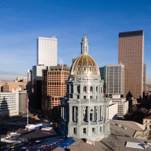 Denver, Colorado capital building and skyscrapers cityscape